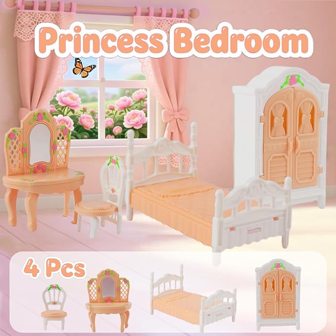 46Pcs Dollhouse Furniture Accessories Set Mini House Furniture Small Dollhouse Miniature Furniture Pretend Play House 1:12 Kitchen Bedroom Livingroom Bathroom Tiny Toy Boy Girl Kid Toddler (B Set)