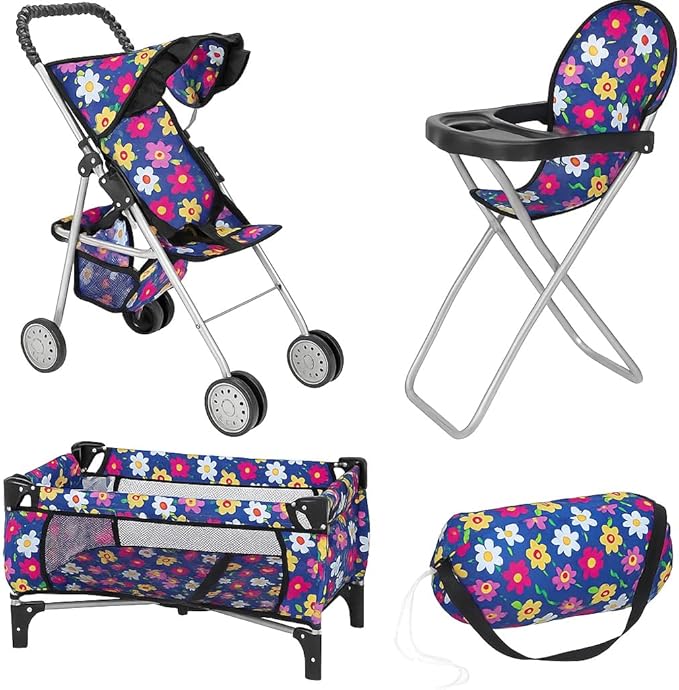 Fash n olor 3 Piece Baby Doll Play Set Flower Design Includes - Foldable Pack N Play, Baby Doll Stroller, Baby Doll High Chair, Fits Up to 18'' Dolls 3 Piece Doll Accessories Set, Best Gift for Girls