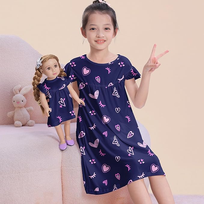 ICOSY Matching Doll & Girls Nightgowns Clothes Girls Pajamas Sleepwear Outfit for Kids and 18" Girl Doll