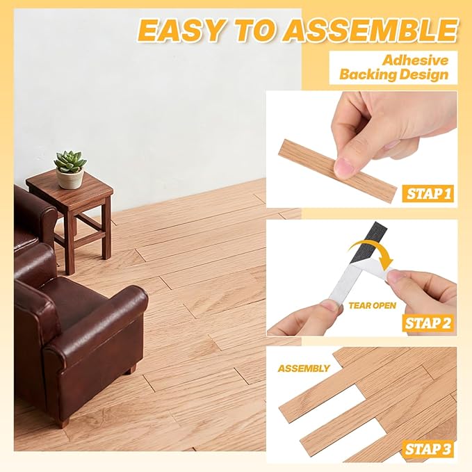TOYANDONA 40 Pcs Miniature Dollhouse Wallpaper and Flooring Peel and Stick Miniature Wood Flooring Tiles for Doll House Mini DIY Self Adhesive Dollhouse Accessories for 1:12 Scale Doll House