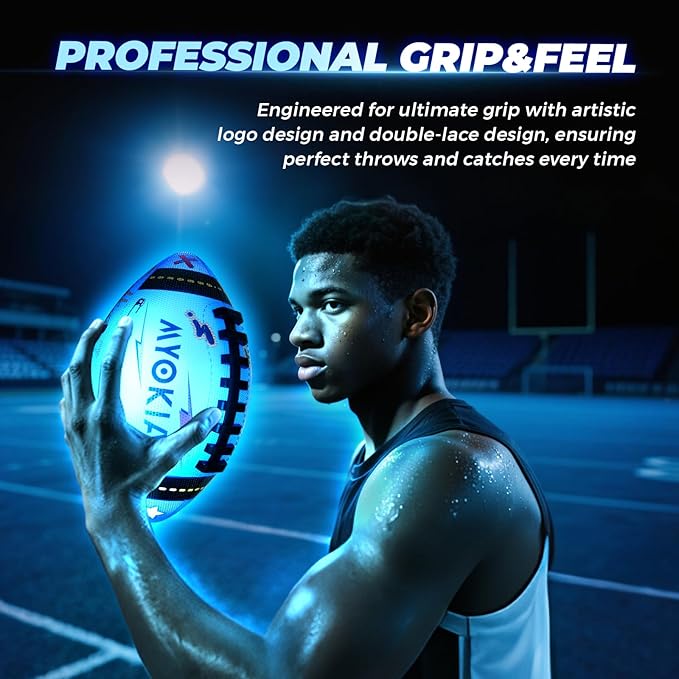 Light Up Football Birthday Gift for Kids & Teens 3-15+,RGB Rechargeable Waterproof Glow in The Dark Ball with Pump & USB Cable, Tri-Color (Red, Green, Blue), Size 6, Outdoor Night Games