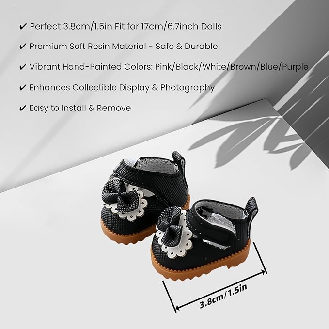 Doll Shoes for Lu bubu 17cm Dolls(No Doll) , Mini Shoes Accessories, Cute PU Leather Princess Shoes Suitable for 17cm Doll, Dress Up Doll Shoes Replacement Black
