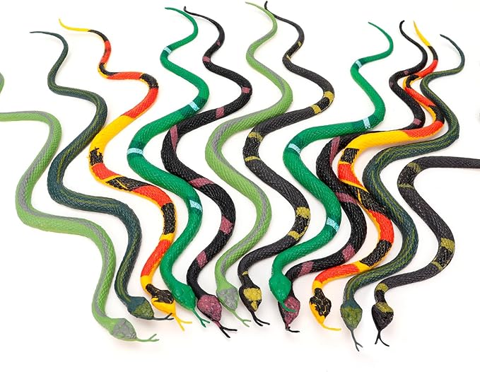 12 Pcs Colorful Realistic Snakes Rubber Mini Plastic Snakes Prank Snake for Party, Tricking People, Garden Props Decorations, 11in