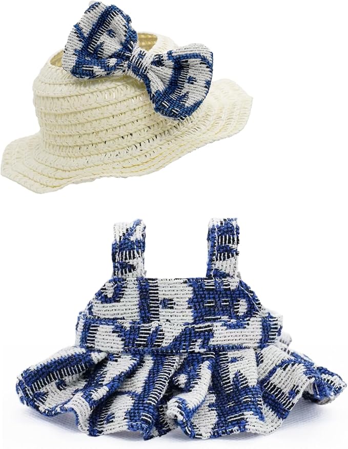 Doll Clothes for 17cm Dolls, Premium Handmade Fashion Clothes 3 Piece Set Including a Weaving Hat, Clothes and Bow with High-End Dolls Accessories for Play & Display - Pure Blue (No Doll No Logo)