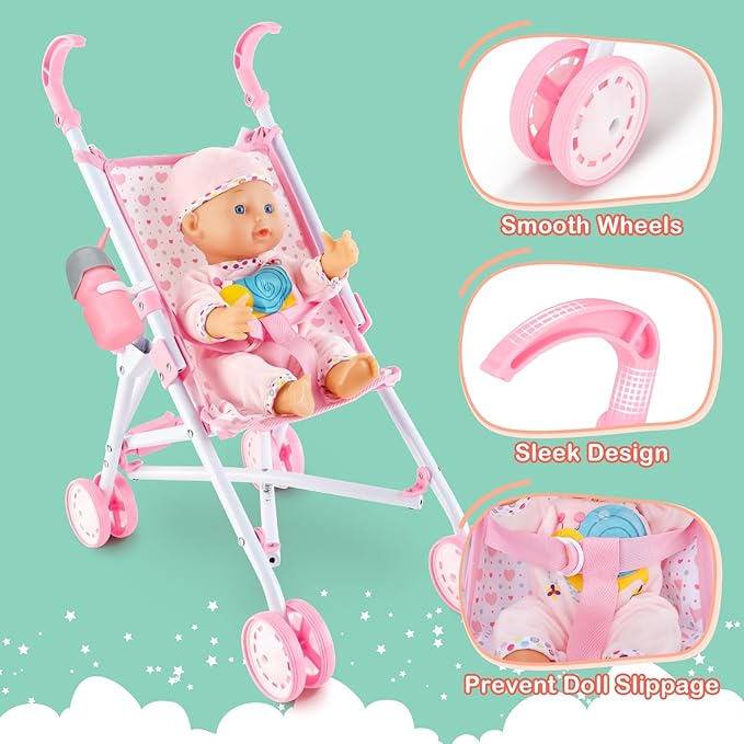 deAO Baby Doll Stroller Set with 13 inch Doll,Kids Play Stroller Toys,13" Baby Doll Set with Foldable Doll Stroller,18 PCS Baby Doll Accessories with 2 Sets Doll Clothes