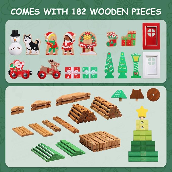 SainSmart Jr. Wooden Logs Set 182 Pcs Building House Toy for Toddlers with Christmas Tree Logs, Classical STEM Construction Kit Compatible with Lincoln Logs for 3+ Kids