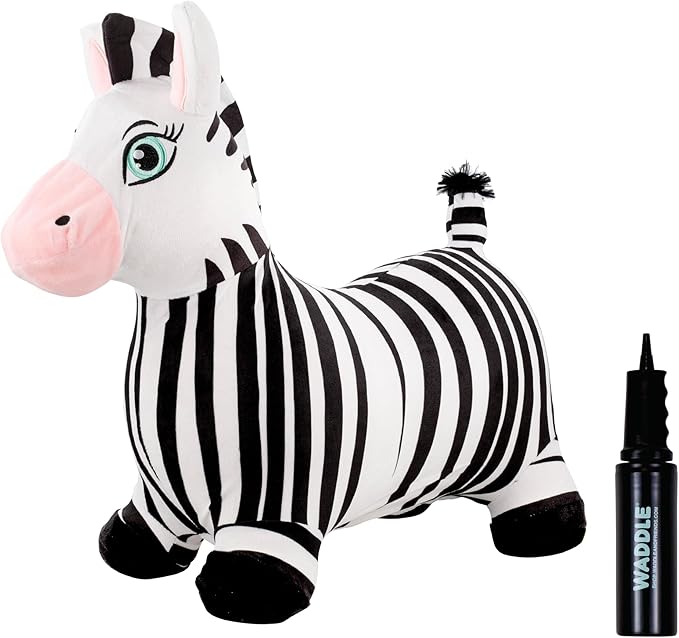 WADDLE Bouncy Hopper Inflatable Animal Hopping Plush, Indoor and Outdoor Toy for Toddlers and Kids, Pump Included, Boys and Girls Ages 2 Years and Up (Zebra)