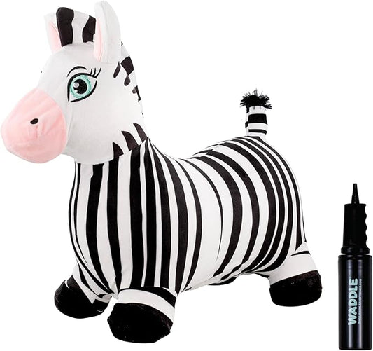 WADDLE Bouncy Hopper Inflatable Animal Hopping Plush, Indoor and Outdoor Toy for Toddlers and Kids, Pump Included, Boys and Girls Ages 2 Years and Up (Zebra)