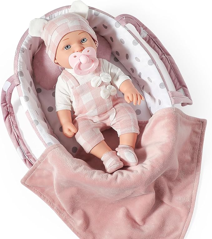 12 Inches Baby Doll Toys Set with Accessories, Includes Doll Carrier Bassinet Bed, Pacifier and Blanket, First Baby Doll for Toddler Girls Age 3+