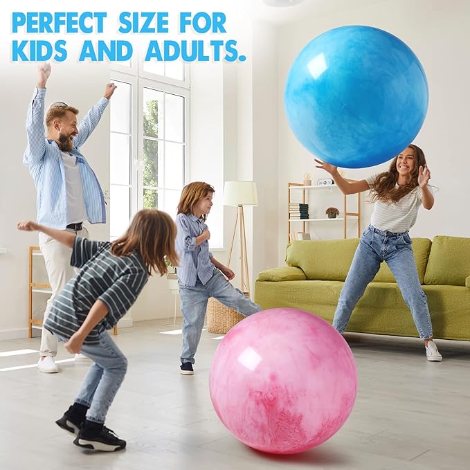 Jadive 2 Pcs 24 Inch Marbleized Bouncy Balls Giant Bouncing Balls Large Size Playground Huge Ball Rubber Sensory with Air Pump for Kids Beach Play Toys Indoor Outdoor Activities, Red, Blue