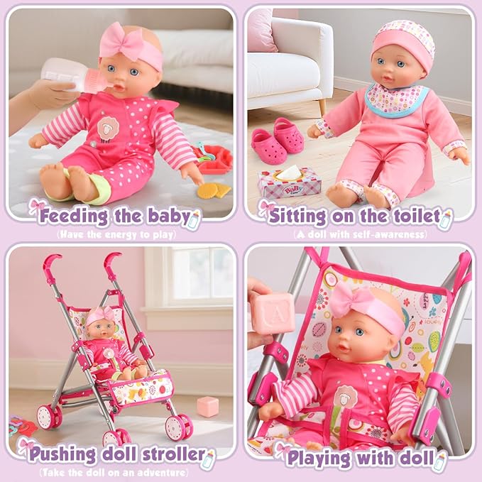 YIYBM Baby Doll with Stroller Set with 12.5" Baby Dolls, Handbag, 2 Sets Doll Clothes and 16 PCS Doll Accessories. Baby Stroller Toys for Toddler Girls Kids Ages 3-5 4-6 for Pretend Play.