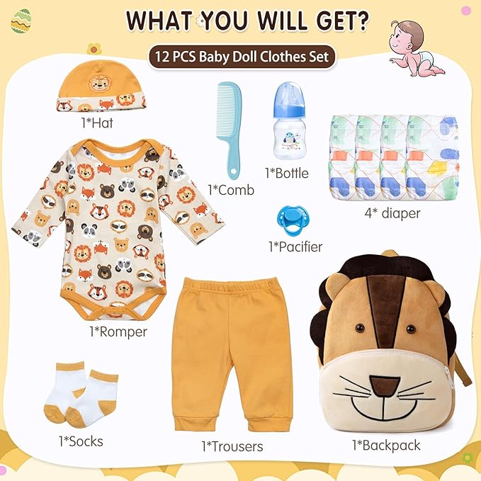 12 Pcs Reborn Baby Doll Clothes Boy for 17-22 Inch Babydolls Reborn Dolls Accessories Newborn Baby Clothes Set with Backpack