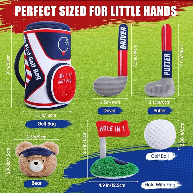 teytoy My First Baby Golf Bag Gift Set, 6 Pcs Baby Golf Toy Sensory Play Set with Plush Club, Ball, Bag, Bear, Fun Birthday Gift for Babies Infants Toddlers