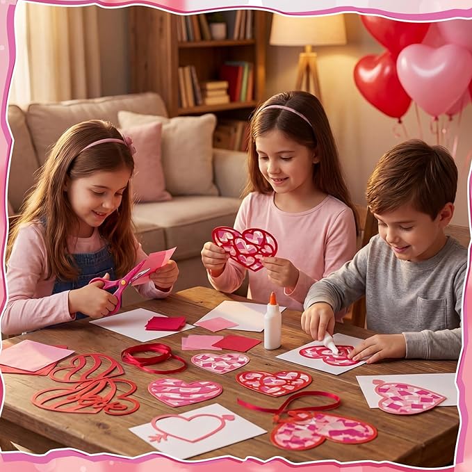 Feifeiya 24 Sets Valentine's Day Crafts for Kids Pink Heart Suncatcher Stained Glass Effect Tissue Paper Crafts Hanging Ornaments Kit for Valentine Party Favors Classroom DIY Art Project Supplies