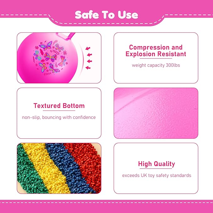 EVERICH TOY Hopper Ball, Pink Butterfly Hopping Toys for Kids, 18 Inch Bouncy Ball with Handle, Indoor Outdoor Inflatable Hoppity Hop Toy for Girls Boys Gift with Free Pump