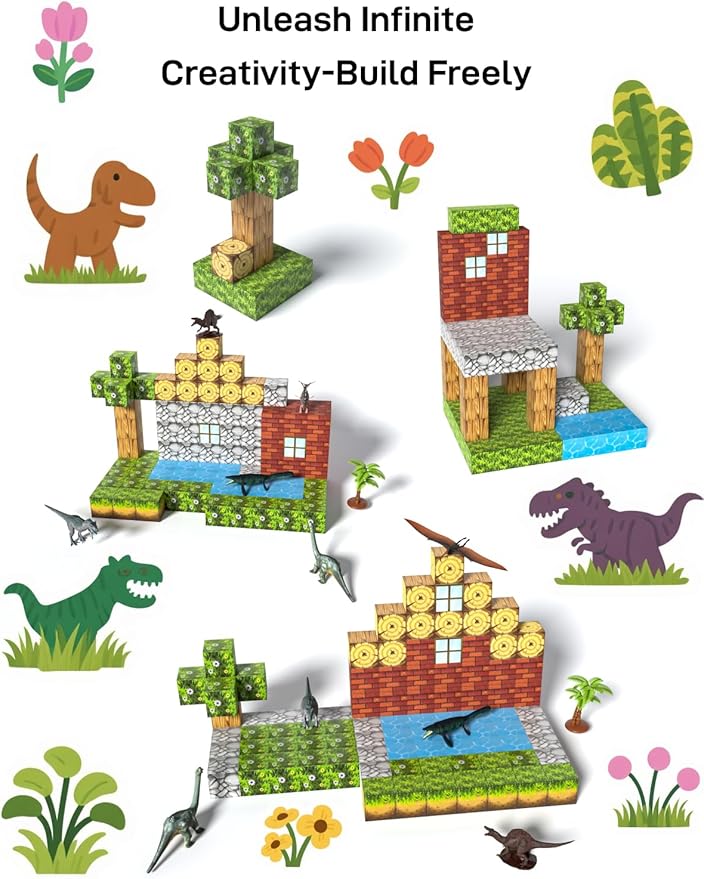 Magnetic Blocks 108PCS, Dinosaur Magnetic Building Blocks with 6 Dinosaur Figures, Magnetic Blocks for Kids Ages 3-5, 4-8, STEM Construction Toy
