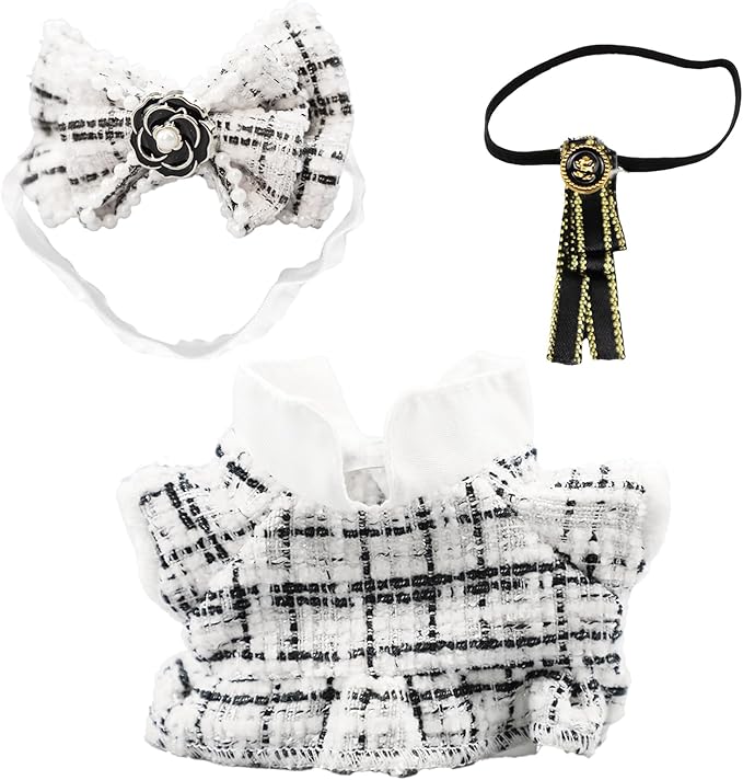 17cm Doll Clothes Set – White Style Outfit with Headband, Dress & Bow Tie by Clothes Designer | Fits 17cm Sitting or Standing Dolls (No Doll)