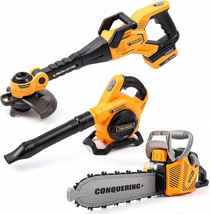 3 Pcs Toy Gardening Tool Set for Kids Toy Leaf Blower Chainsaw Weed Trimmer Play Set with Lights and Sounds Birthday Gifts for Christmas Boys Girls