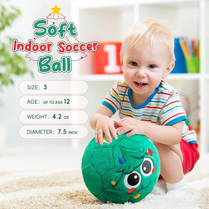 Silent Indoor Soccer Balls for Toddlers 1-3, Inflatable Soft Plush Baby Toddler Soccer Ball Toys Gifts for 1 2 3 4 5 Year Old Boy Girl First Birthday Gift (Christmas Tree, Pump Include)