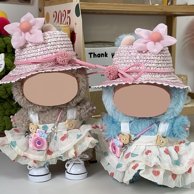 5 Set 17cm Doll Clothes, Clothes for Dolls Outfit, Accessories for 17cm Dolls Clothes Dress + Straw hat + Hairpin + Small Camera + Shoes, No Doll（Spring Pink Set）