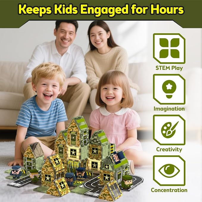 GobiDex 100PCS Army Magnetic Tiles Building Set for Kids, STEM Military Magnetic Building Blocks with 6 Magnetic Army Men, Educational Construction Toys Gift for Boys Girls 3 4 5 6 7 8 9+ Year Old