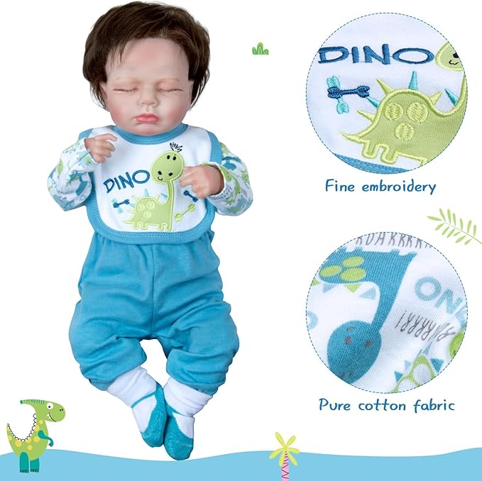 4 Pcs Reborn Baby Doll Clothes Boy for 17- 22 Inch Babydolls, Blue Dinosaur Outfits Realistic Reborn Baby Doll Accessories with Bib and Socks for Newborn Baby Boy