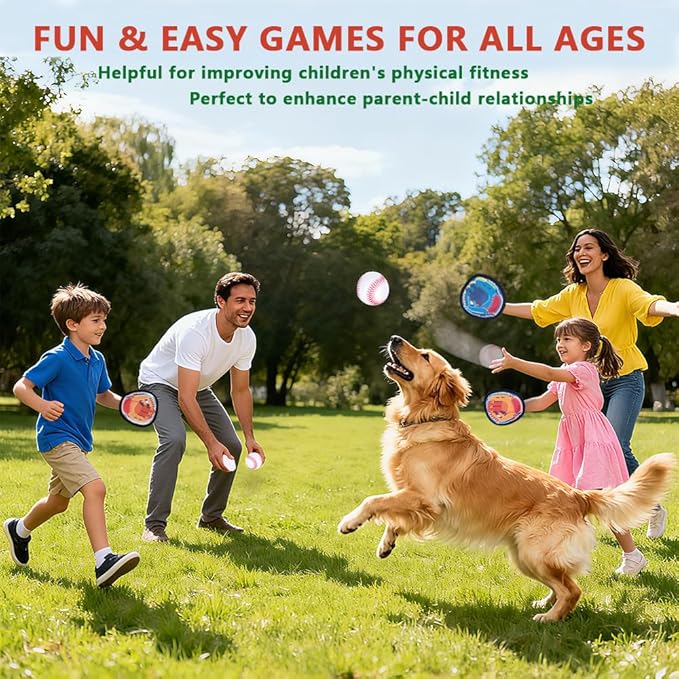 Toss and Catch Ball Game, Kids Toddler Baseball Catch Toy, Outdoor Game for Beach Pool Yard, Birthday Easter Basket Suffer Gifts for Boys Girls Age 3-12, 4 Paddles Velcro Ball and Catch Game
