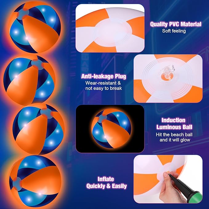 12 Pcs Light up Beach Balls 16'' Jumbo Pool LED Balls Glow in the Dark Neon Giant Inflatable for Summer Hawaiian Tropical Theme Beach Party Decor Water Accessory (Orange)