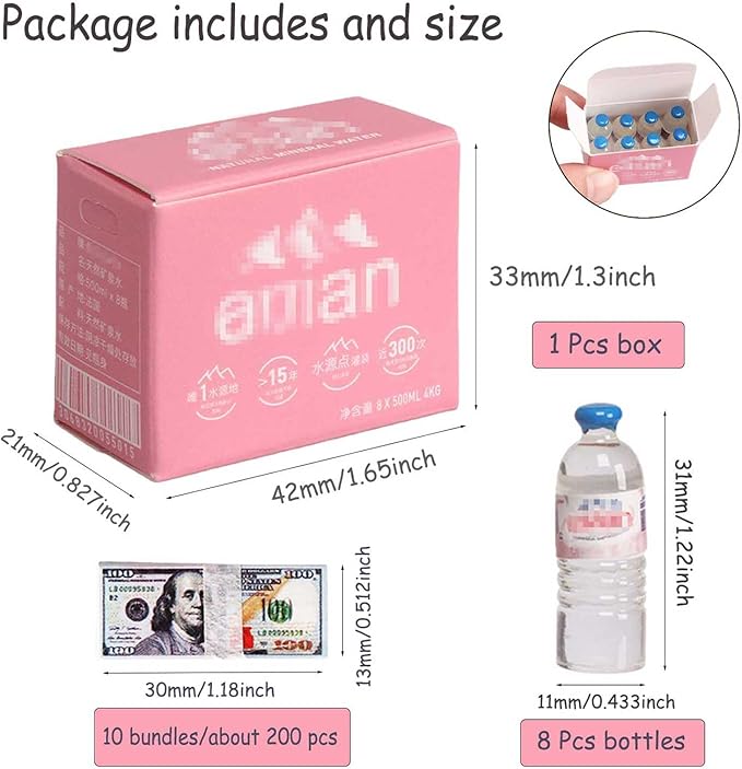 1 Set Miniature Accessories Dollhouse Water Bottles Mini Drinking Bottle & Box, Miniature Money for Mini Elf Accessories Action Figure Props DIY Crafts Projects,Fairy Garden Pub Bar Decor