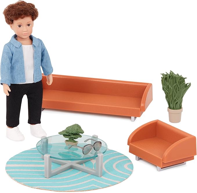 Lori – Mini Boy Doll & Toy Living Room Furniture – 6-Inch Boy Doll & Dollhouse Accessories – Sofa, Armchair, Coffee Table, Rug, Plants – Play Set for Kids – 3+ Years– Miguel's Lounge Set