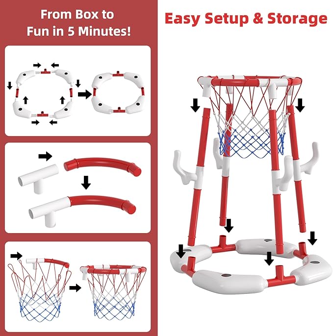 Pool Basketball Hoop for Kids 4-8 & 8-12 Years Old - 2-in-1 Floating & Above Ground Water Game with 4 Balls, 12 Rings & Pump, Outdoor Play Swimming Pool Toy for Adult Summer Party