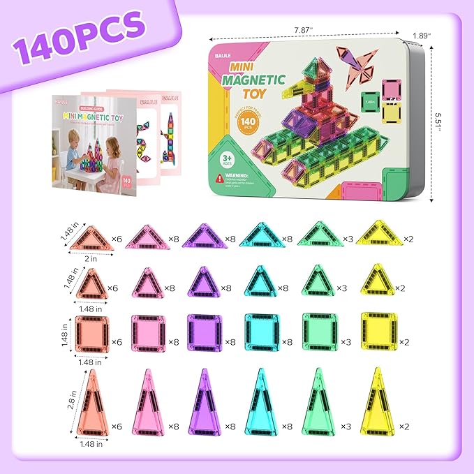 140PCS Mini Magnetic Tiles, Portable Magnetic Toys Travel Set with Iron Case for Kids Ages 4-8,Creativity Boosting Building Toys Set,Toddler Puzzle Birthday Gift Toys for Boys and Girls Ages 3+