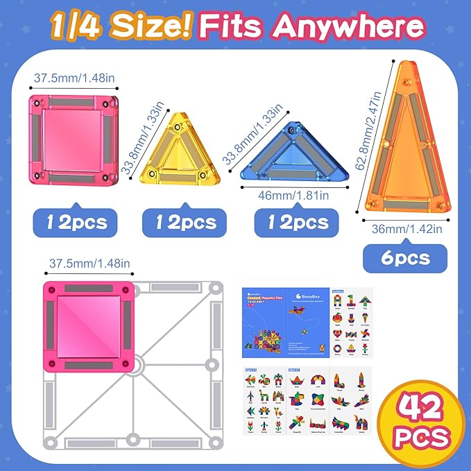 BunnyBoo Mini Magnetic Tiles, 42PCS Travel Magnetic Building Toys with Case, Educational Portable STEM Sensory Toys for Kids Ages 3+, Creativity Boosting Gift for Toddler Boys Girls Christmas Birthday