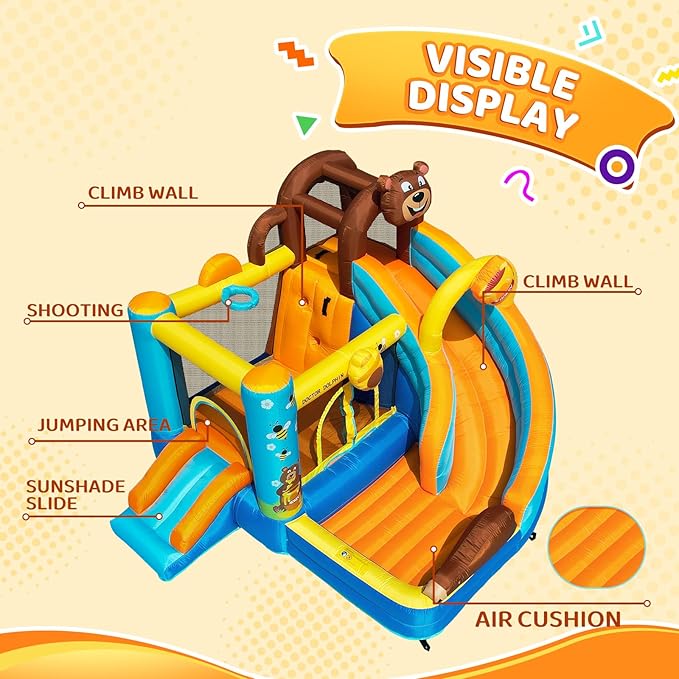 Inflatable Bounce House, Double Slide Bounce House for Big Kids, 6 in 1 Bear Jumping Castle with 450 Blower, Air Cushion, Ball Pit, Climbing Wall, Basketball Hoop