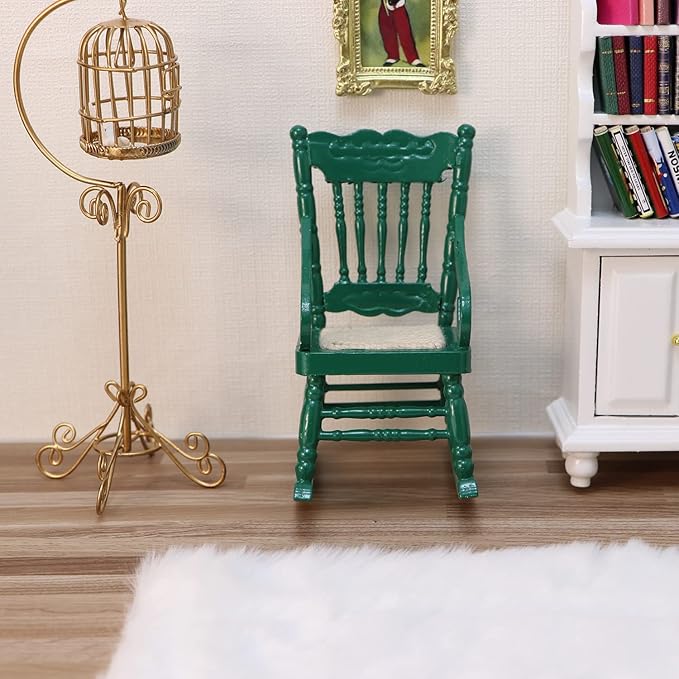 Dollhouse Miniature Rocking Chair 1:12 Scale Wooden Furniture Accessories Tiny Mini House Home Outdoor Decoration Model Living Room Scene Christmas Craft Displays (Green)