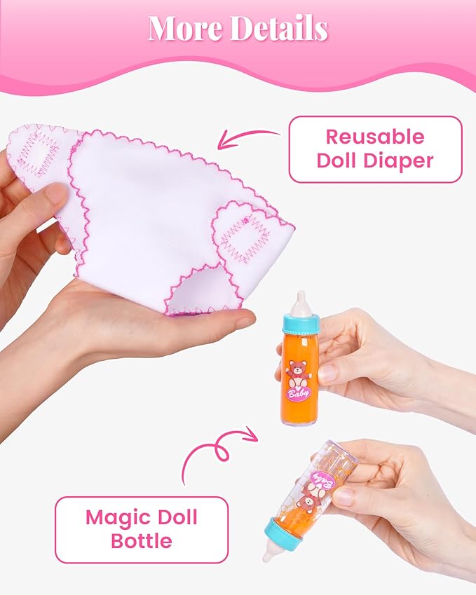 BABESIDE Baby Doll Accessories, Doll Carrier with Magic Bottle, Doll's Diaper, Rattle Toy – Baby Dolls Accessories Set for 12-15 Inch Dolls, Pretend Play Gift for Girls