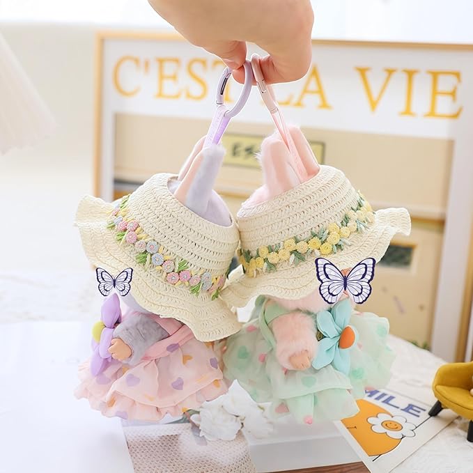 Clothes for Lu bubu 17cm Dolls Accessories (No Doll), Kawaii Hat Skirt Outfit Set 3 Pieces for 17cm Dolls Suit, Stylish Flower Doll Hat Clothing Set Replacement Pink