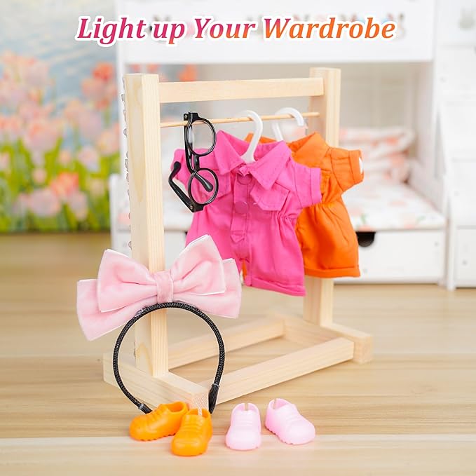 2 Set 17cm Doll Clothes Accessories,Doll Outfits for 17CM/6.7inch- Pink Butterfly hairbow+Glasses+Pink & Orange Overalls+Shoes