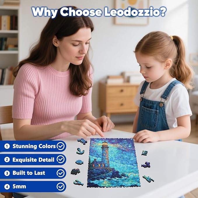 Leodozzio Wooden Puzzles for Adults, Lighthouse Wood Jigsaw Puzzle 200 Pieces, 5mm Thick Unique Shaped Ocean Puzzle, Gift for Adults & Family, 8.8 x 11.7 Inch