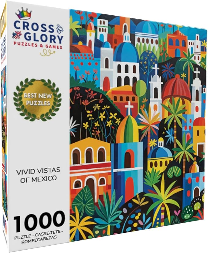 Cross & Glory - Vivid Vistas of Mexico - 1000 Piece Jigsaw Puzzle for Adults | Vibrant Folk Art Puzzle | Best New Mexican City Puzzle | Eco-Friendly & Challenging