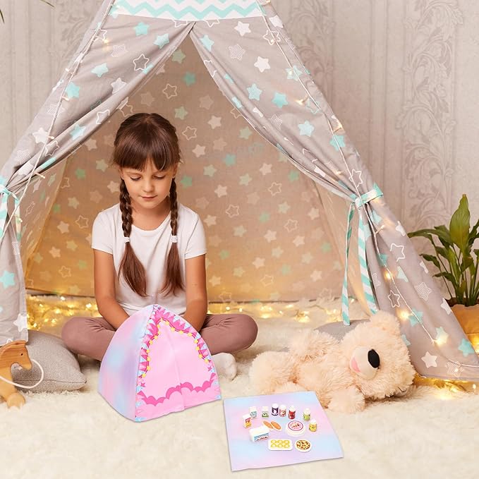 34 PCS Girl Doll Travel Camping Tent Set Includes Clothes, Food, Telescope, Tent, Sleeping Bag, Backpack, Chair, Shoes and Other Camping Accessories for 11.5 Inch Dolls （NO Doll）