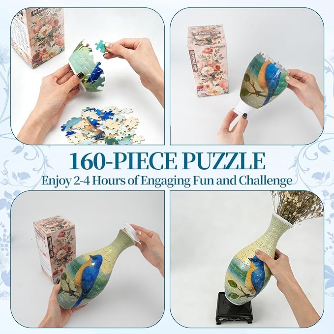 3D Puzzles Vase for Adults, Crafts for Adults, 160 Pieces Plastic DIY Unique Flower Vase with LED Light House Warming Gift Birthday Gifts for Flower Arrangements and Home Decor (Bird)