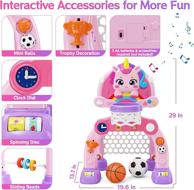 Unicorn Toddler Basketball Hoop & Soccer Goal with Light & Music, 2-in-1 Sports Toy for 1-3 Year Old Boys & Girls, Toys for 1+ Year Old Girls, Birthday for Baby Kids