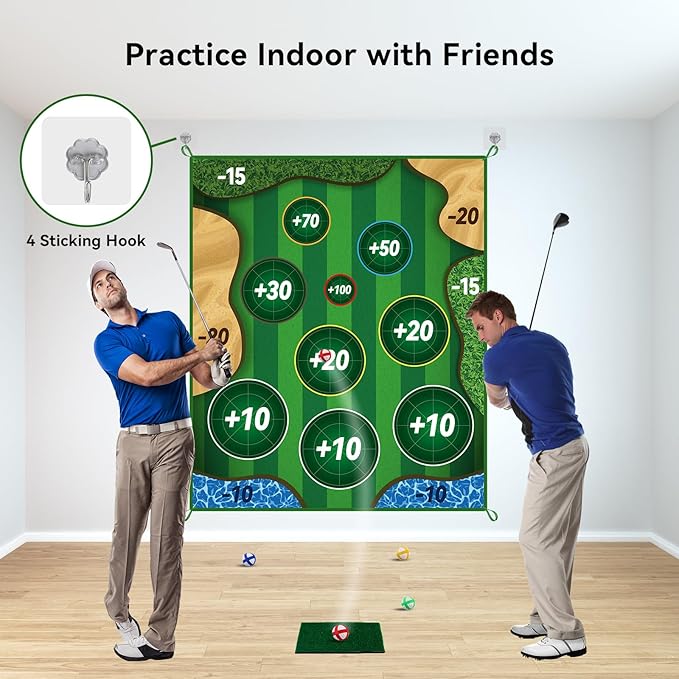 Sticky Playing Golf Chipping Game, 6x5 FT Double Sided Golf Chipping Game Practice Mat for Adults with 20 Sticky Balls Golf Hitting Mat for Home Backyard Garage and Outdoor (No Club)