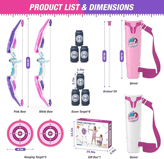 2 Pack Bow and Arrow for Kids, LED Light Up Archery Set with 24 Suction Cup Arrows, 2 Hanging Targets, 6 Score Targets & 2 Quiver, Indoor Outdoor Sport Toys for Girls Ages 4-12