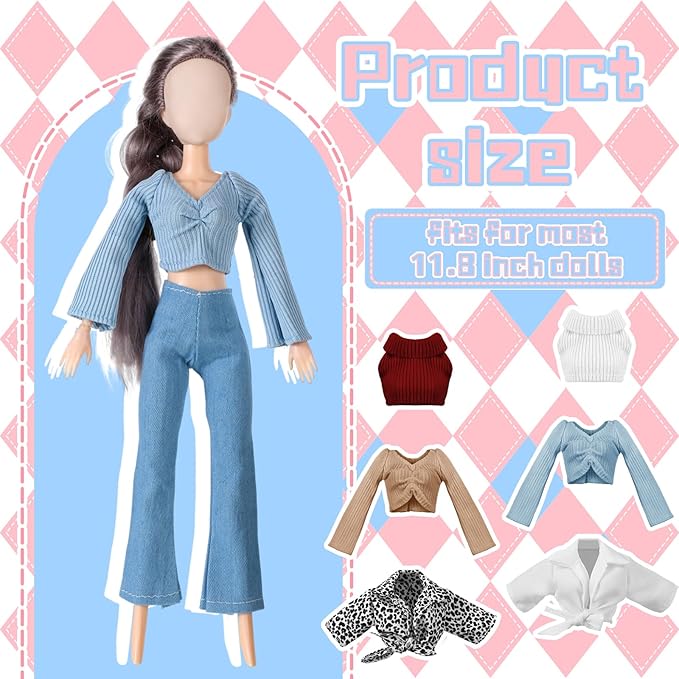 Bencailor 6 Pcs Doll Clothes for 11.8 Inch Doll Clothing Outfit Accessories Winter Coat Tops Swimwear T Shirt Dress Outfit Birthday Gift(Retro Style,Medium Color)