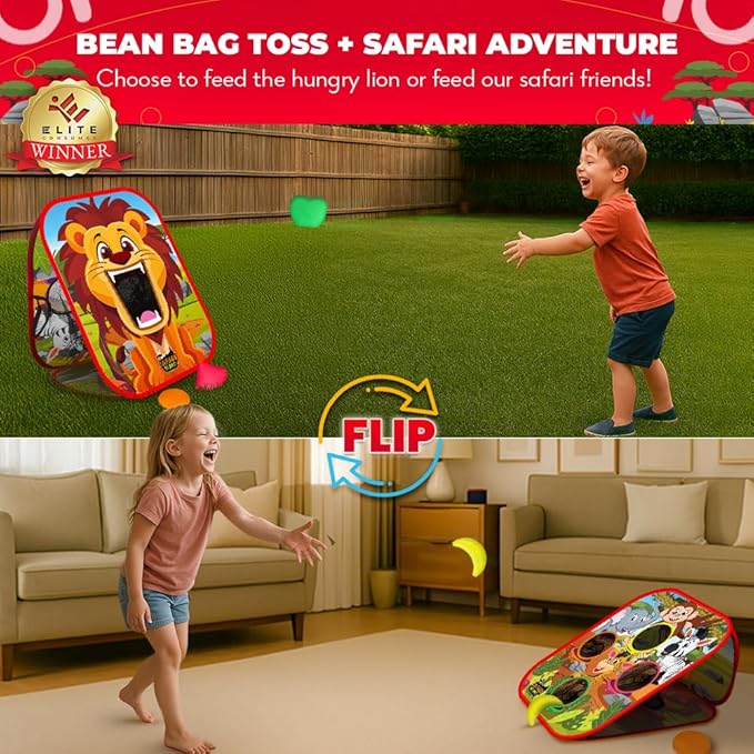 Swooc Games - Safari Sling™ | 2-in-1 Bean Bag Toss Game for Kids | 5-Second Setup Kids Cornhole Game Set | Outdoor Toddler Activities | Backyard Party Games | Corn Hole Set Toddler Bean Bag Toss