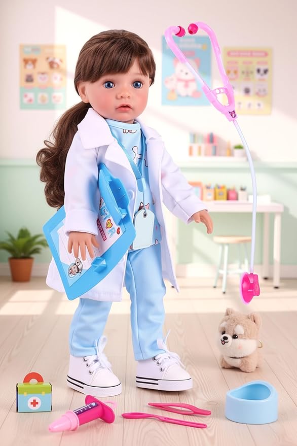 BABESIDE American Realistic Baby Doll Girl - 16-Inch Vet Play Set Dolls with Long Brown Ponytail Complete Toy Accessories for 5+ 6 7 8 9 10 11 12 Years Girl Birthday Gifts, Pretend Play, Christmas
