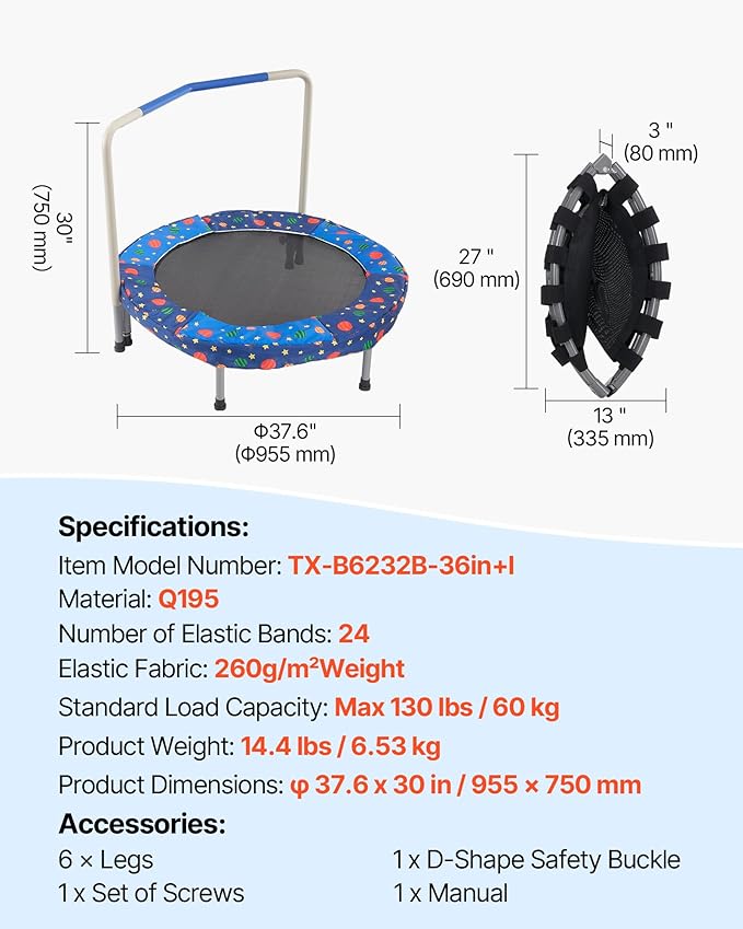 VEVOR 3FT Trampoline for Kids, 36" Trampolines Indoor/Outdoor Trampoline for Toddlers, Foldable Mini Baby Jump Toy with Foam Handle, Recreational Trampolines Birthday Gift for 3+ Years Kids