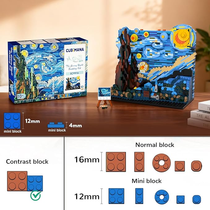 The Starry Night Building Set with LED Lights - 1501PCS Artwork 3.6MM Mini Blocks Building Sets for Adults, Famous Paintings Architecture Projects Home Art Decor Easter Gift for Men Women